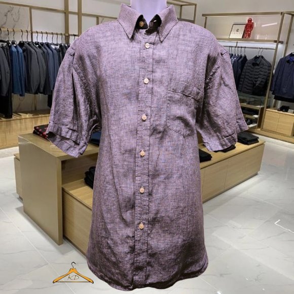 Orvis Linen Shirt XL, Blue Houndstooth, Short Sleeve, Hidden Button Down Collar - Picture 2 of 10